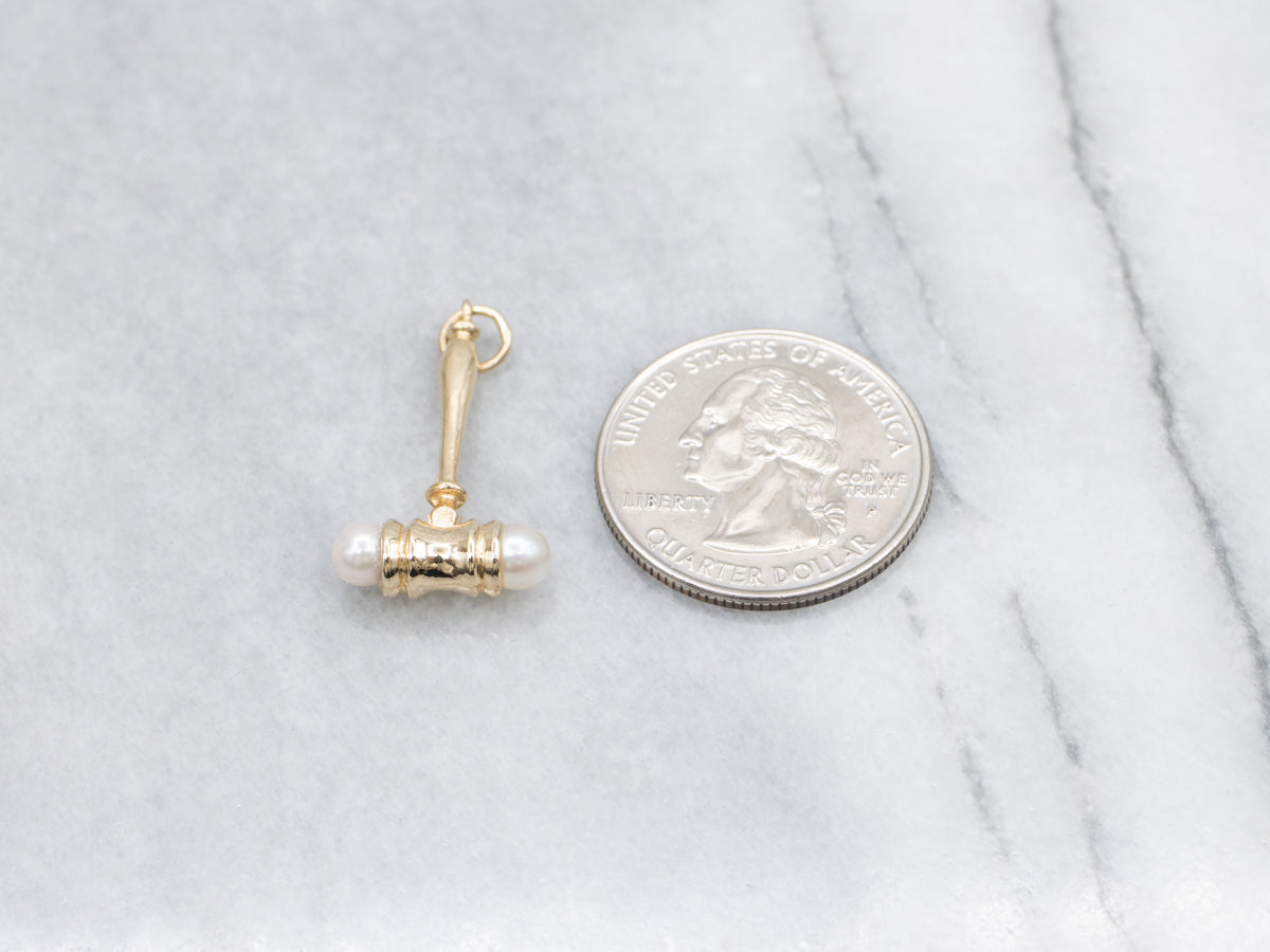 Vintage Gold Saltwater Pearl Judge's Gavel Charm Pendant