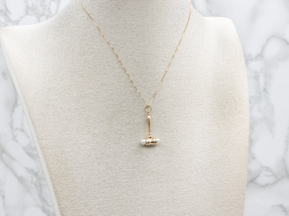 Vintage Gold Saltwater Pearl Judge's Gavel Charm Pendant