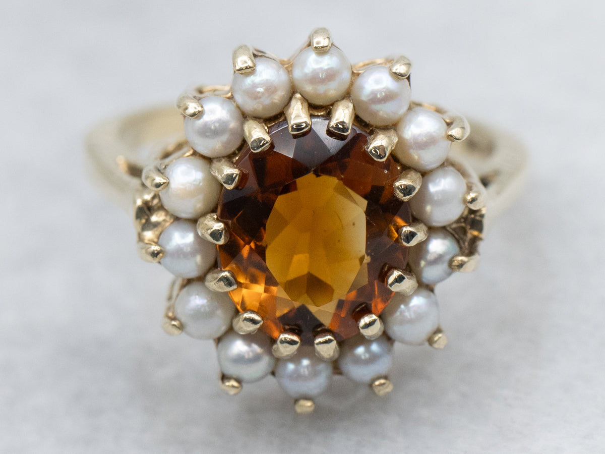Vintage Citrine and Pearl Yellow Gold Halo Ring