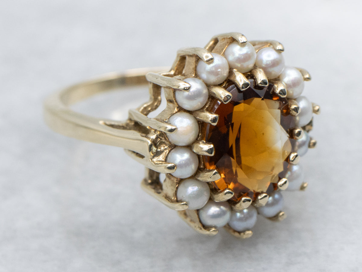 Vintage Citrine and Pearl Yellow Gold Halo Ring