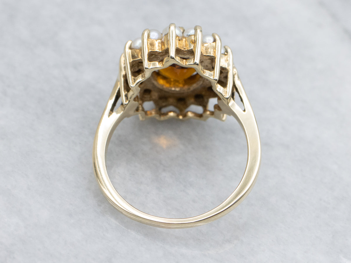 Vintage Citrine and Pearl Yellow Gold Halo Ring