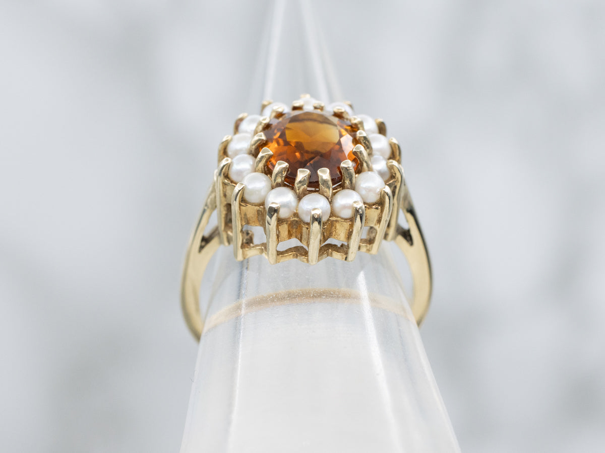 Vintage Citrine and Pearl Yellow Gold Halo Ring
