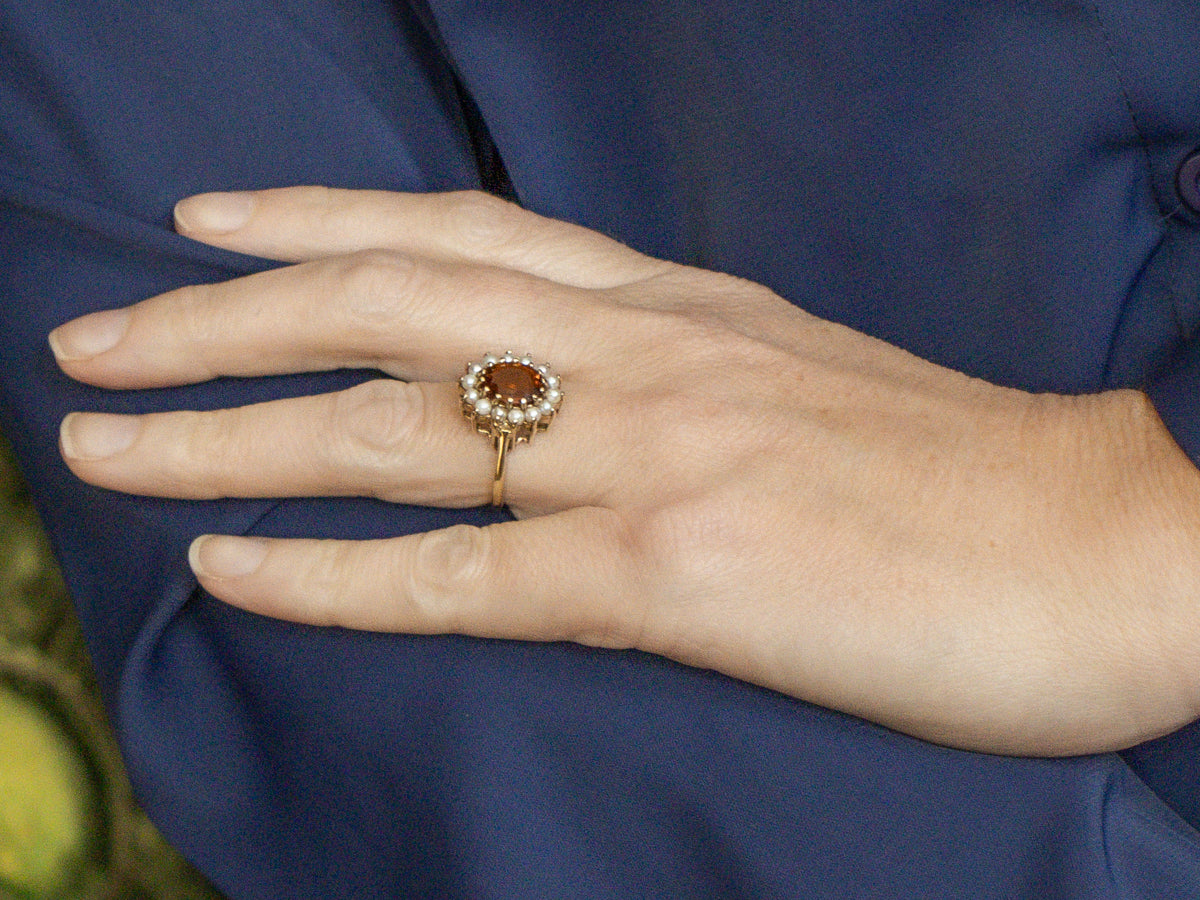 Vintage Citrine and Pearl Yellow Gold Halo Ring