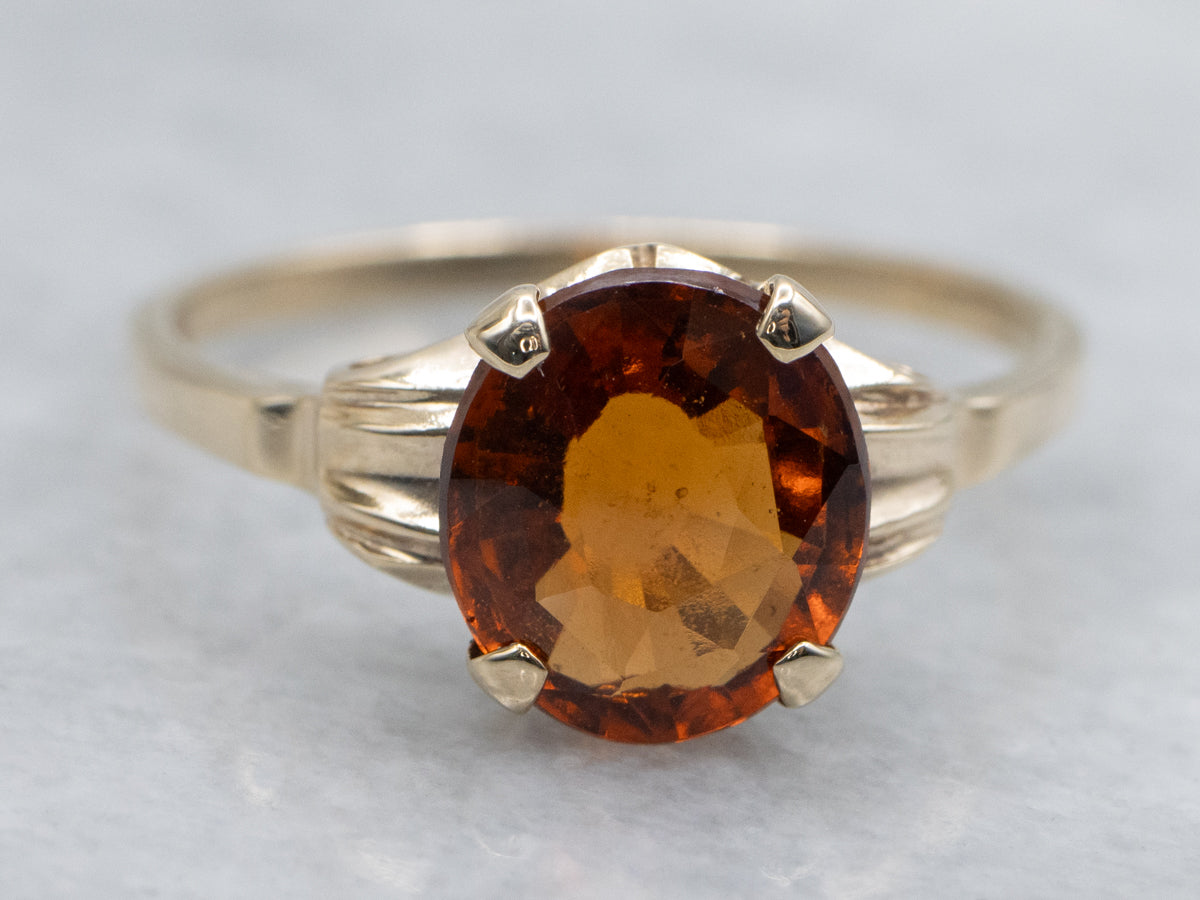 Oval Hessonite Garnet Yellow Gold 1940s Solitaire Ring
