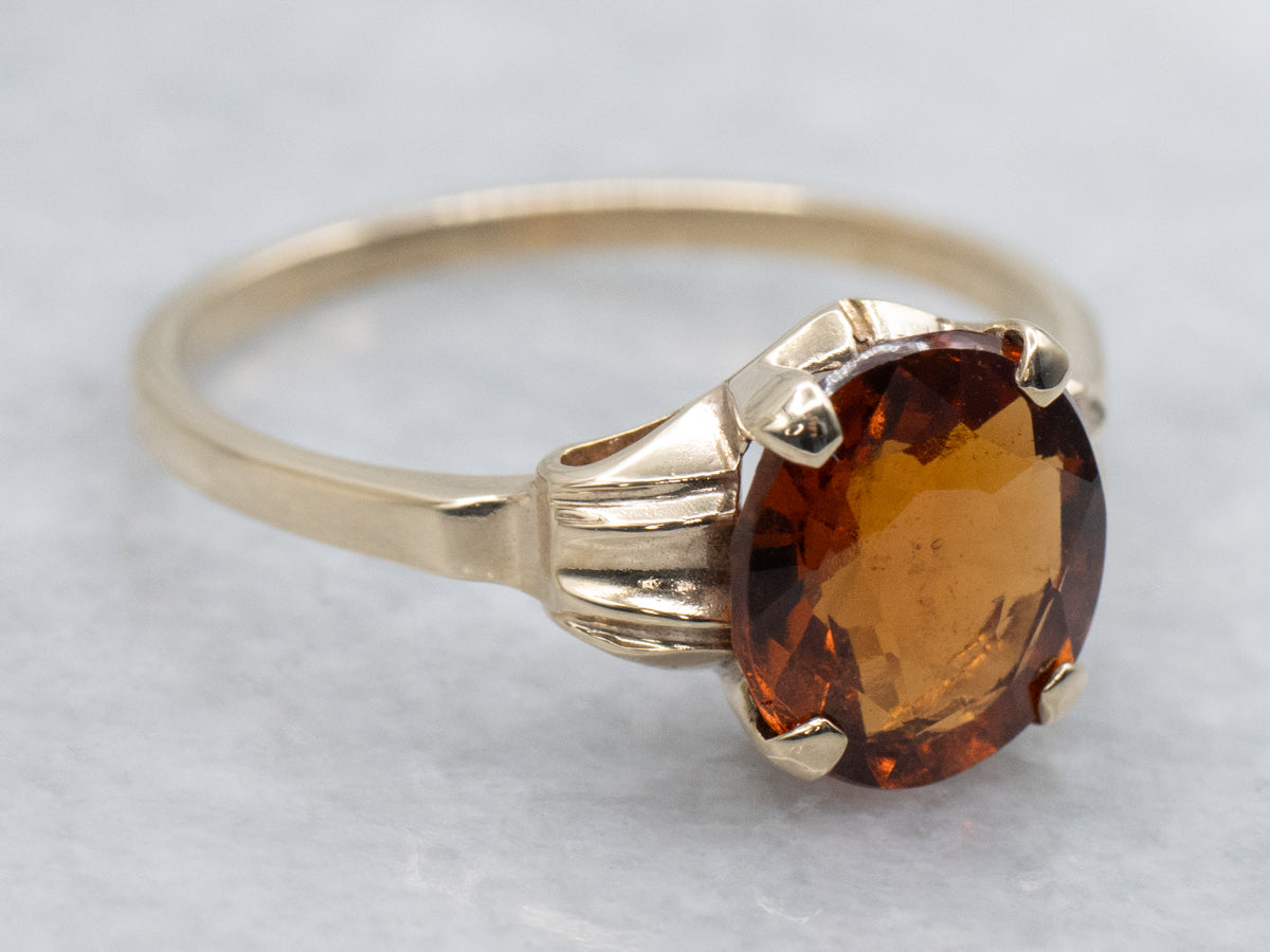 Oval Hessonite Garnet Yellow Gold 1940s Solitaire Ring