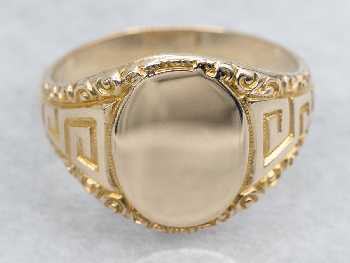 Men's Greek Key Pattern Plain Yellow Gold Signet Ring