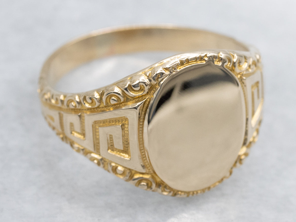 Men's Greek Key Pattern Plain Yellow Gold Signet Ring