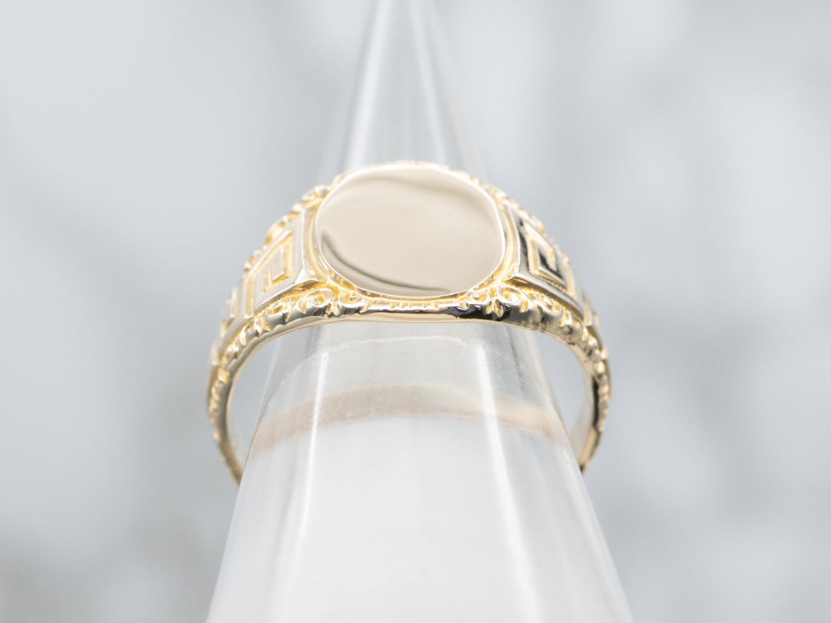 Men's Greek Key Pattern Plain Yellow Gold Signet Ring