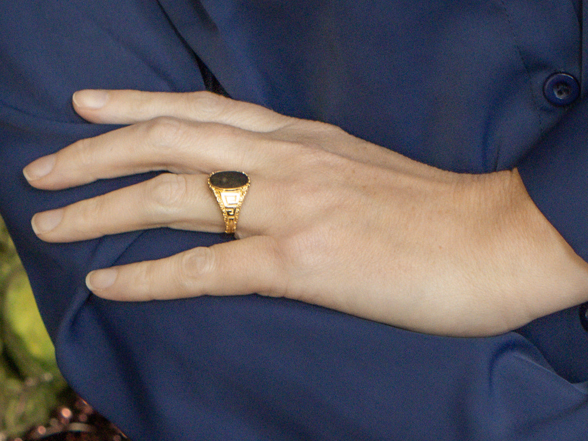 Men's Greek Key Pattern Plain Yellow Gold Signet Ring