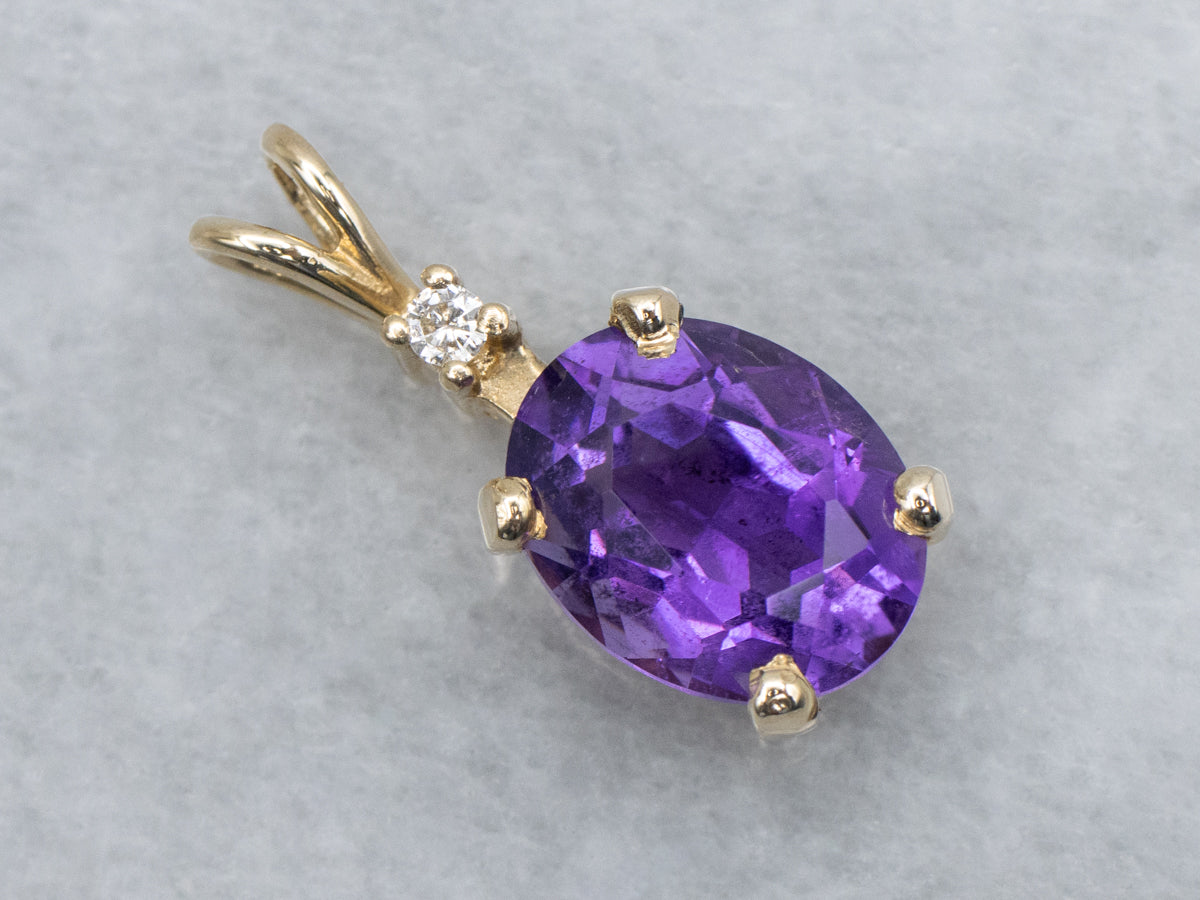 Oval Cut Amethyst and Diamond Yellow Gold Pendant
