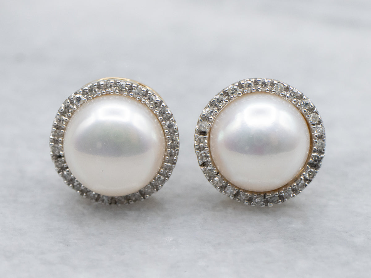Freshwater Button Pearl and Diamond Halo Stud Earrings