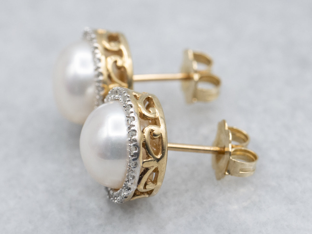 Freshwater Button Pearl and Diamond Halo Stud Earrings