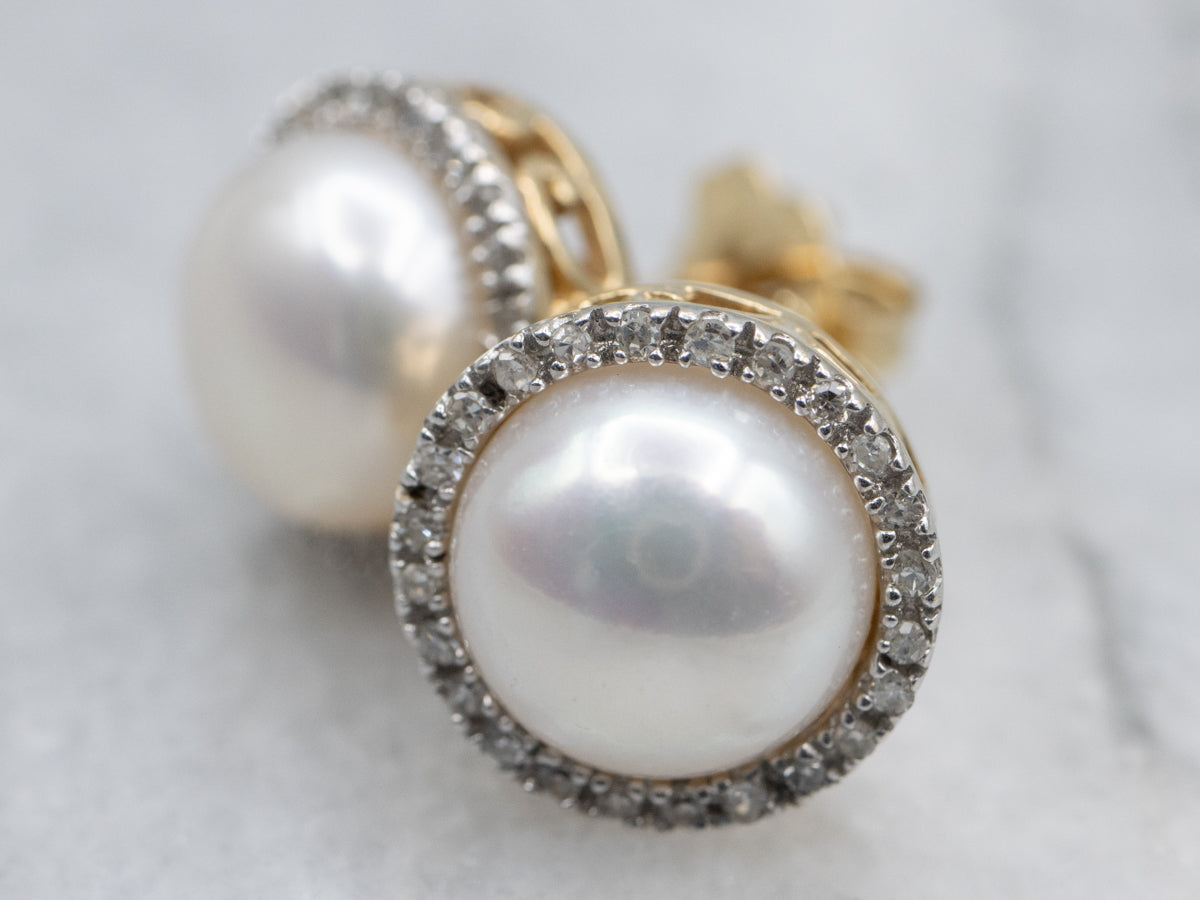 Freshwater Button Pearl and Diamond Halo Stud Earrings