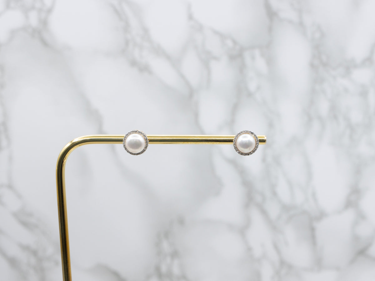 Freshwater Button Pearl and Diamond Halo Stud Earrings