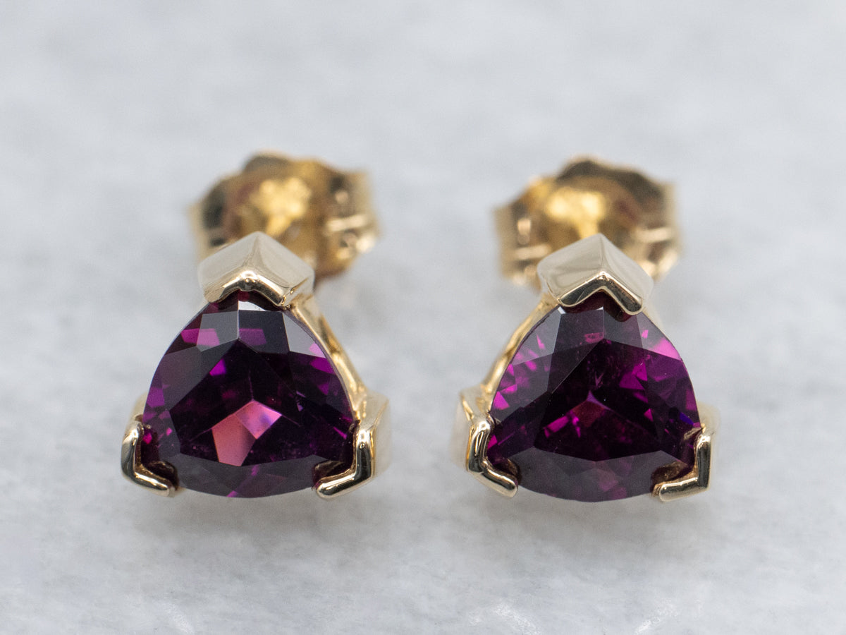 Trillion-Cut Rhodolite Garnet Gold Stud Earrings