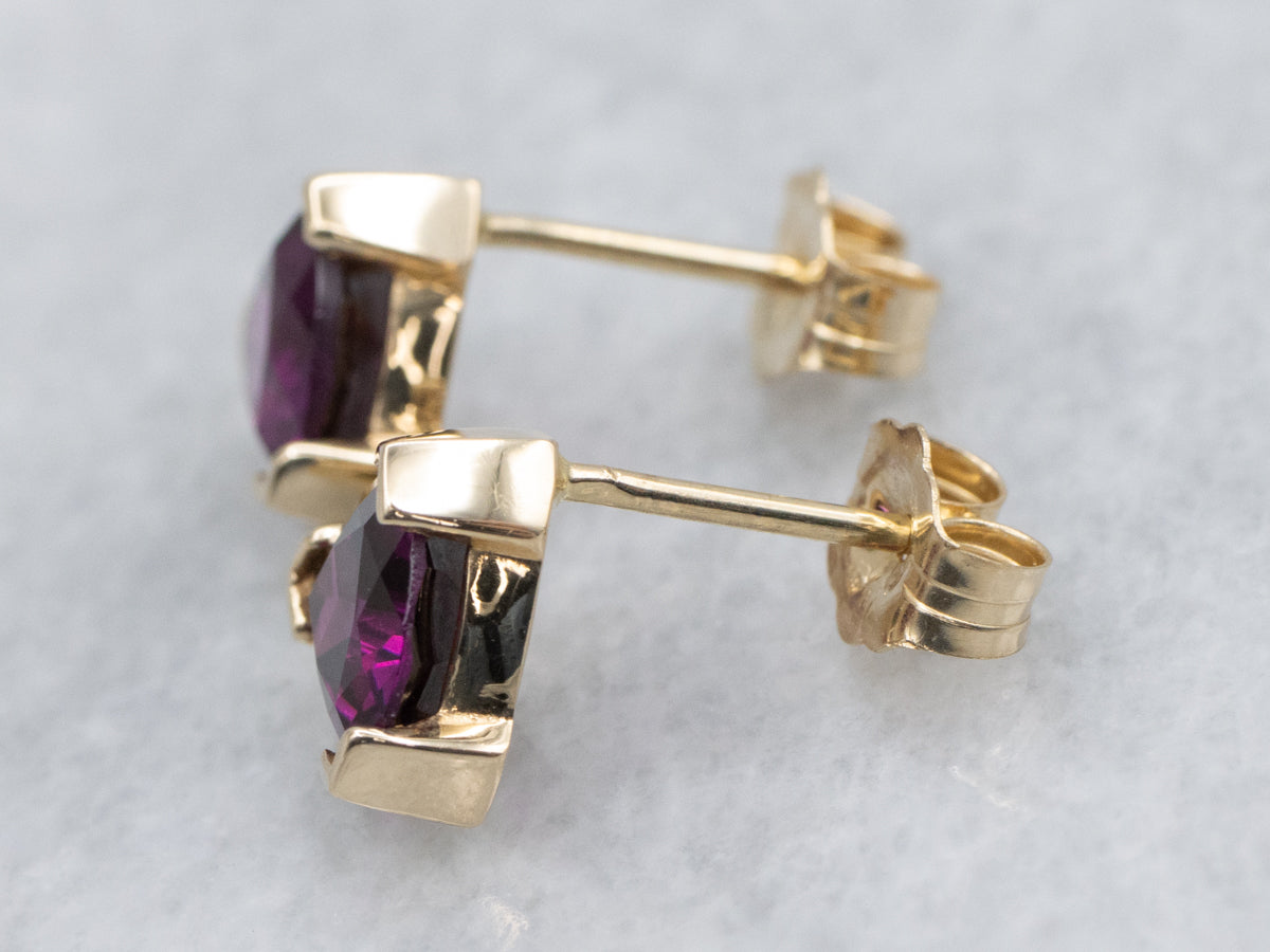 Trillion-Cut Rhodolite Garnet Gold Stud Earrings