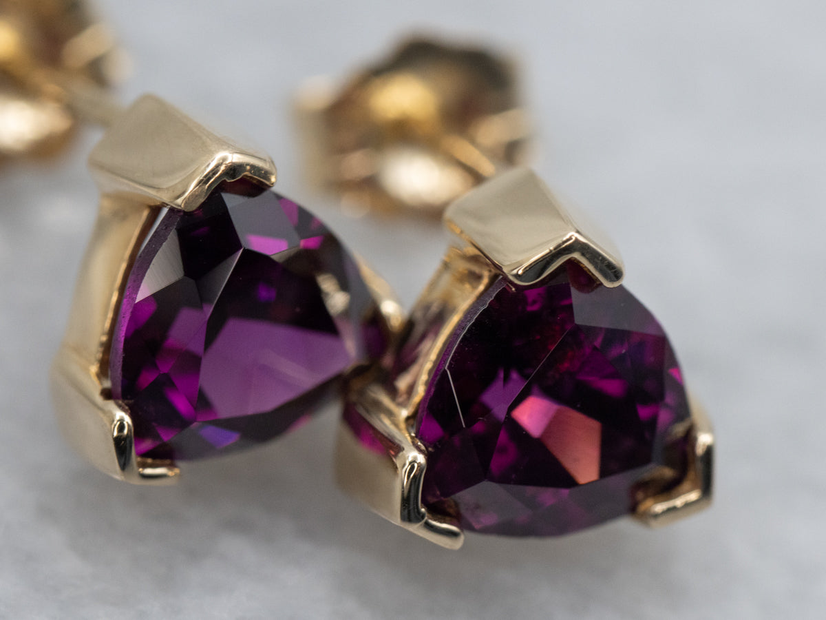 Trillion-Cut Rhodolite Garnet Gold Stud Earrings