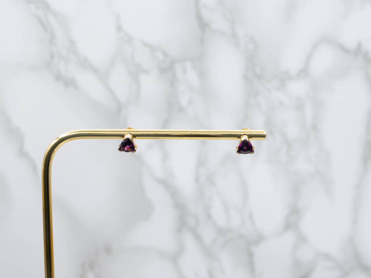 Trillion-Cut Rhodolite Garnet Gold Stud Earrings