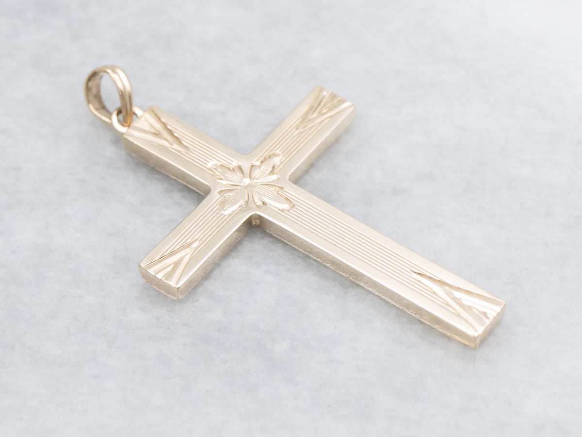 Vintage Gold Engraved Flower Cross Pendant