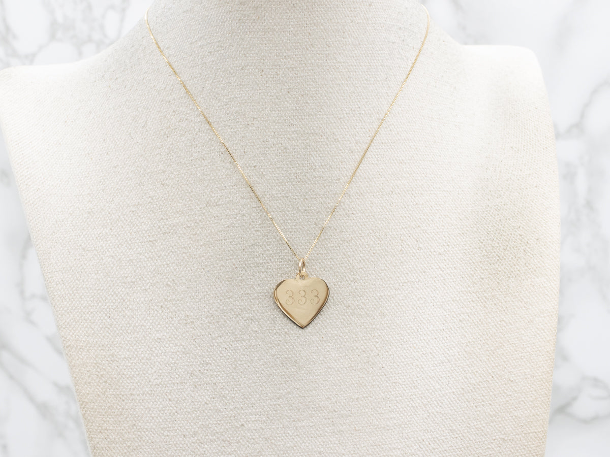 "333 XO" Angel Number Yellow Gold Heart Pendant