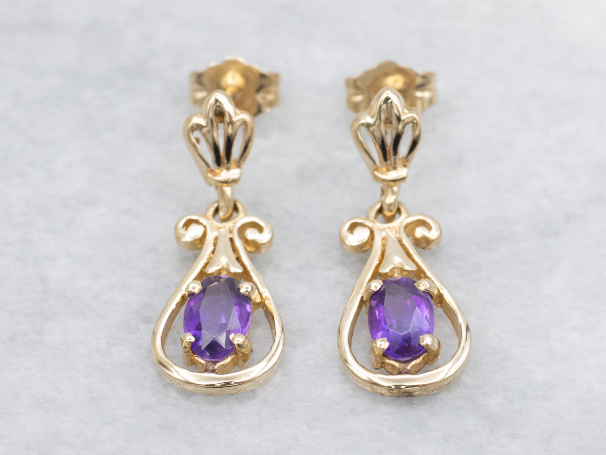 Scrolling Gold Amethyst Gemstone Drop Earrings
