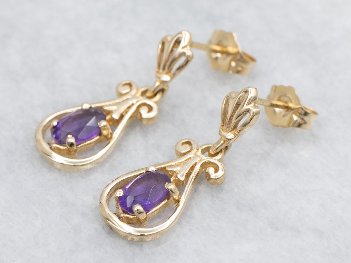 Scrolling Gold Amethyst Gemstone Drop Earrings