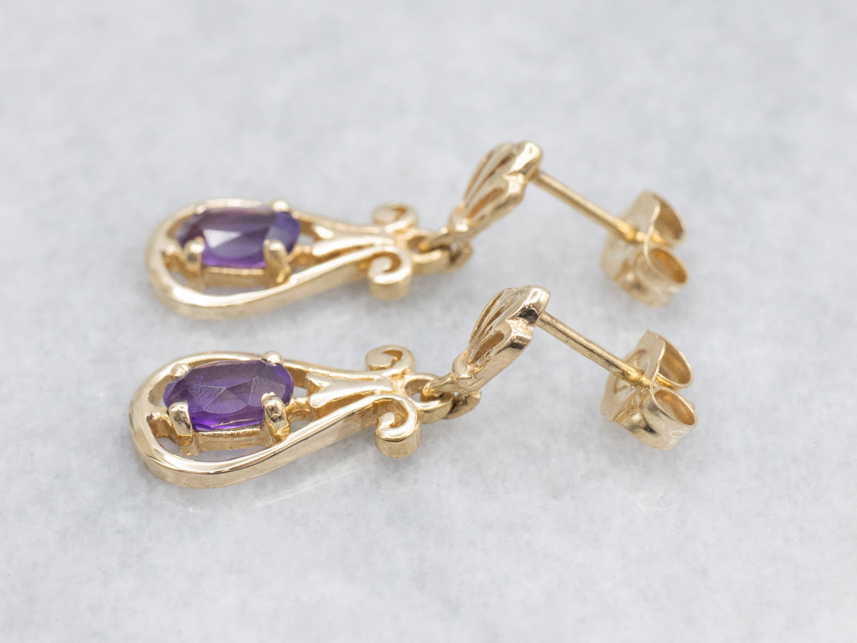 Scrolling Gold Amethyst Gemstone Drop Earrings