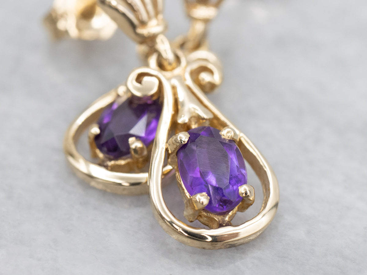 Scrolling Gold Amethyst Gemstone Drop Earrings