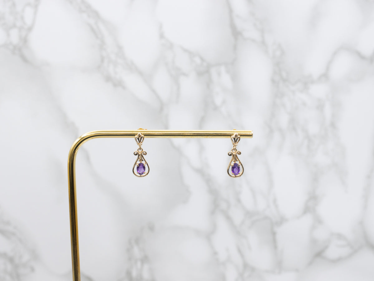 Scrolling Gold Amethyst Gemstone Drop Earrings