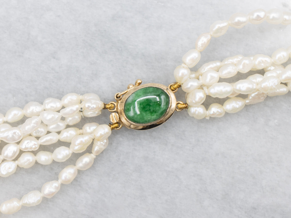 Multi-Strand Freshwater Pearl Jadeite and Gold Vintage Necklace