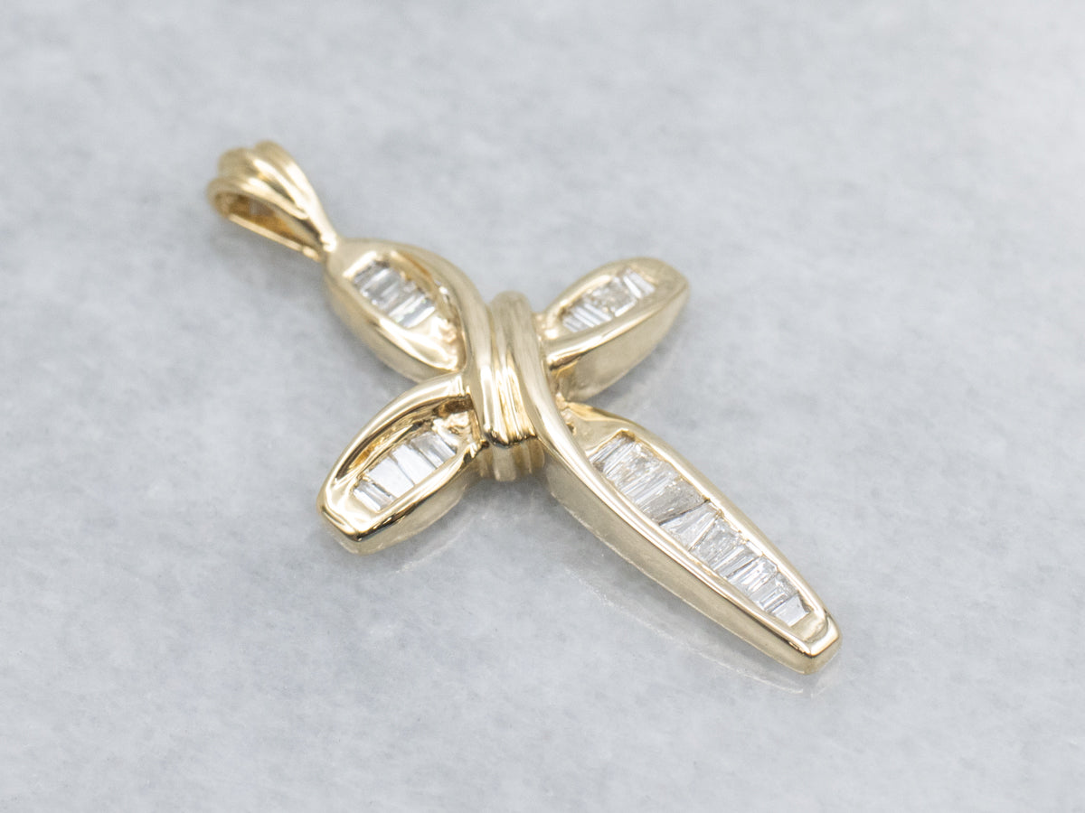 Baguette Cut Diamond Yellow Gold Twist Cross Pendant