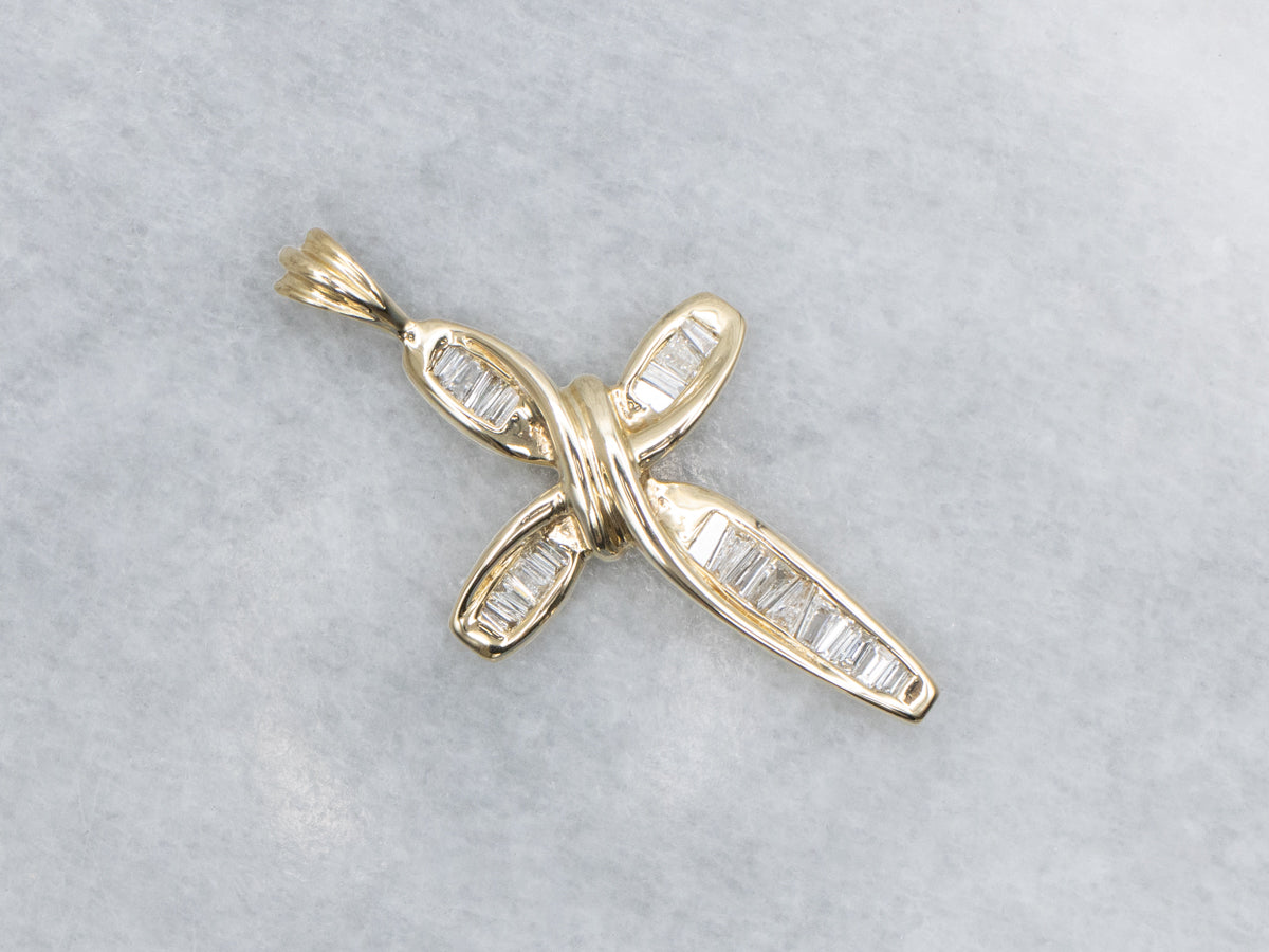 Baguette Cut Diamond Yellow Gold Twist Cross Pendant