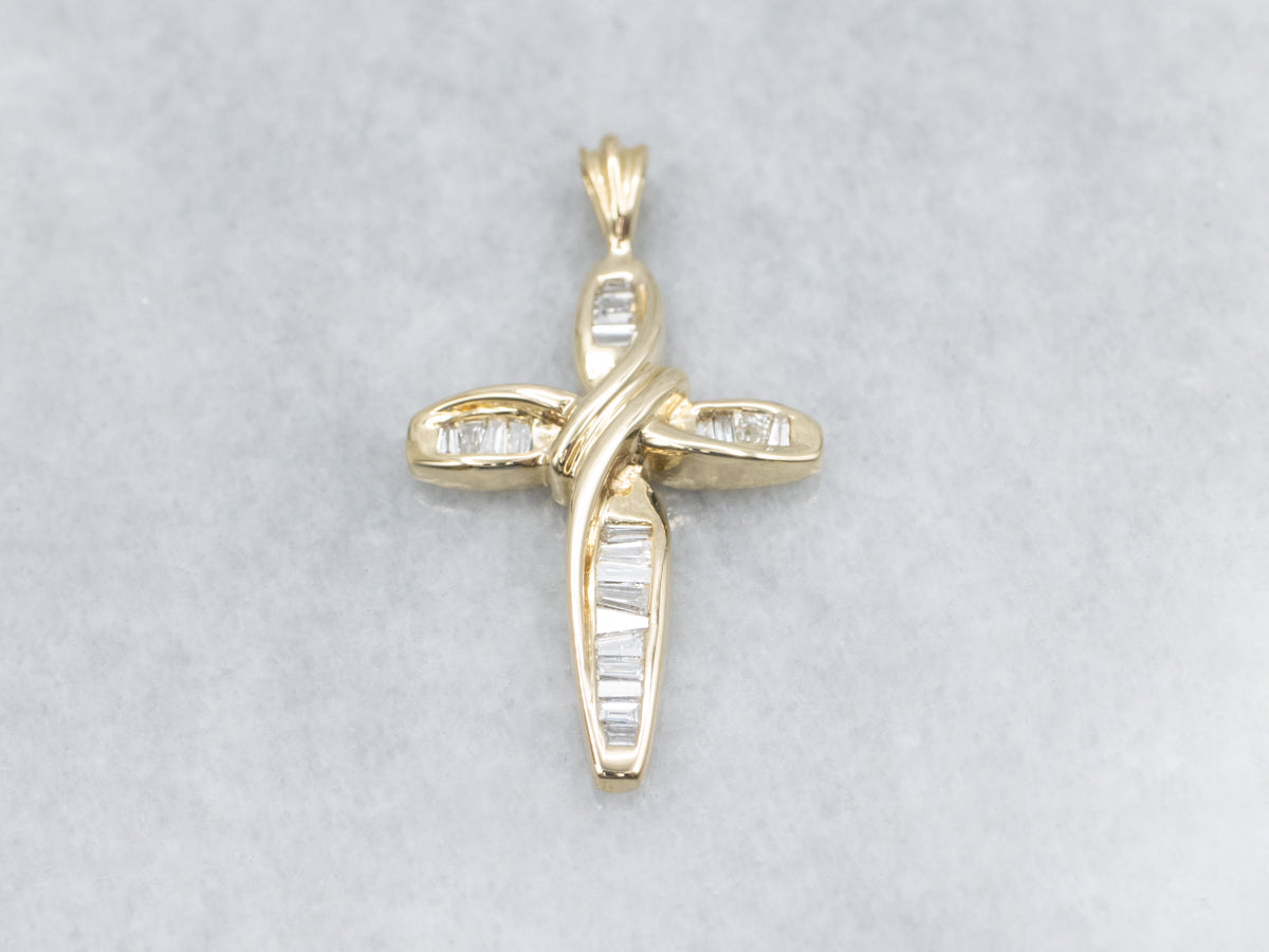 Baguette Cut Diamond Yellow Gold Twist Cross Pendant