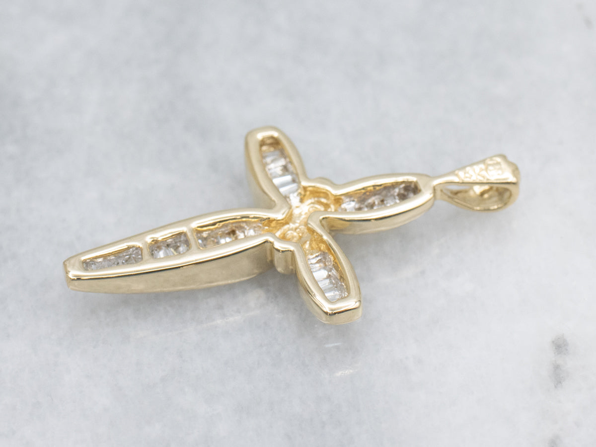 Baguette Cut Diamond Yellow Gold Twist Cross Pendant