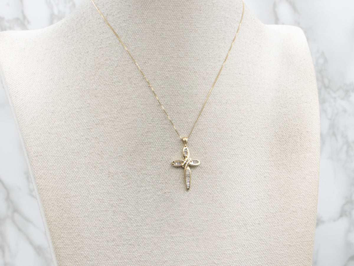 Baguette Cut Diamond Yellow Gold Twist Cross Pendant
