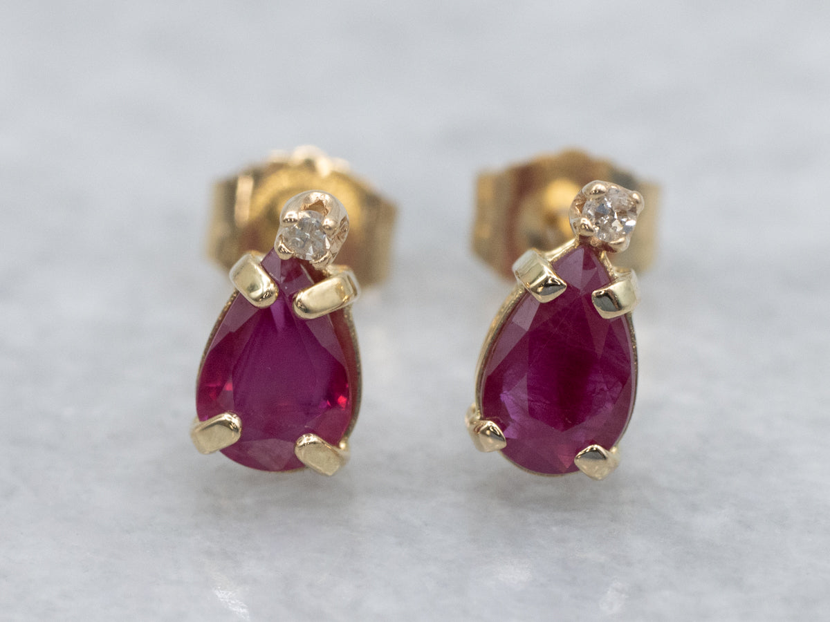 Pear Cut Ruby and Diamond Yellow Gold Stud Earrings