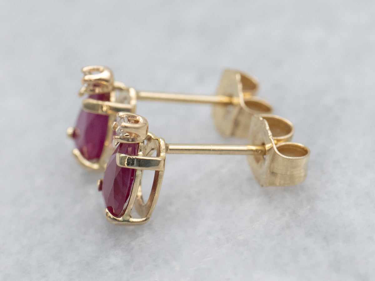 Pear Cut Ruby and Diamond Yellow Gold Stud Earrings