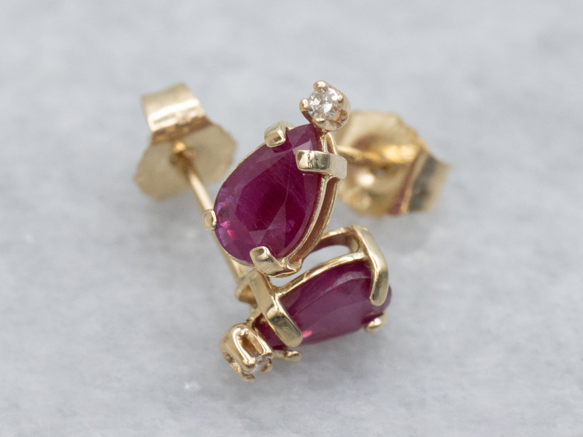 Pear Cut Ruby and Diamond Yellow Gold Stud Earrings
