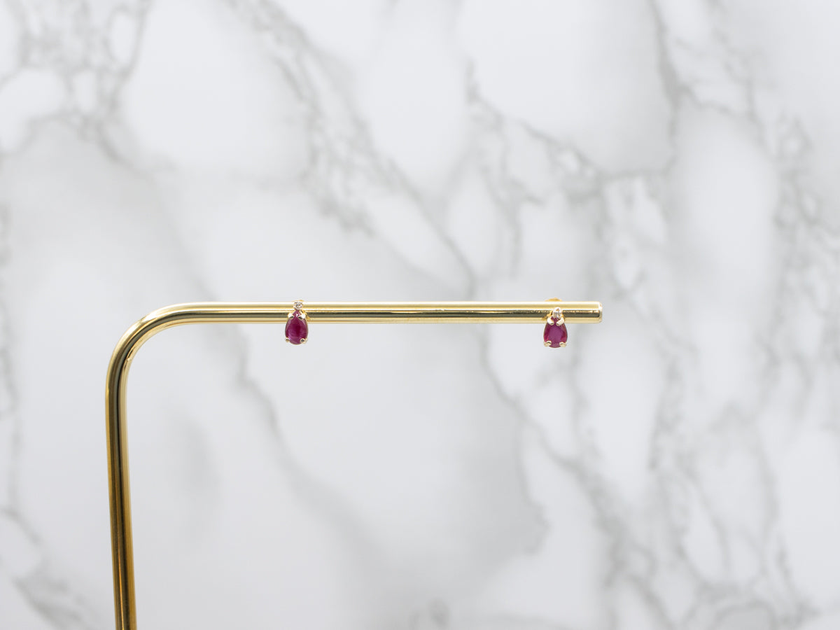 Pear Cut Ruby and Diamond Yellow Gold Stud Earrings