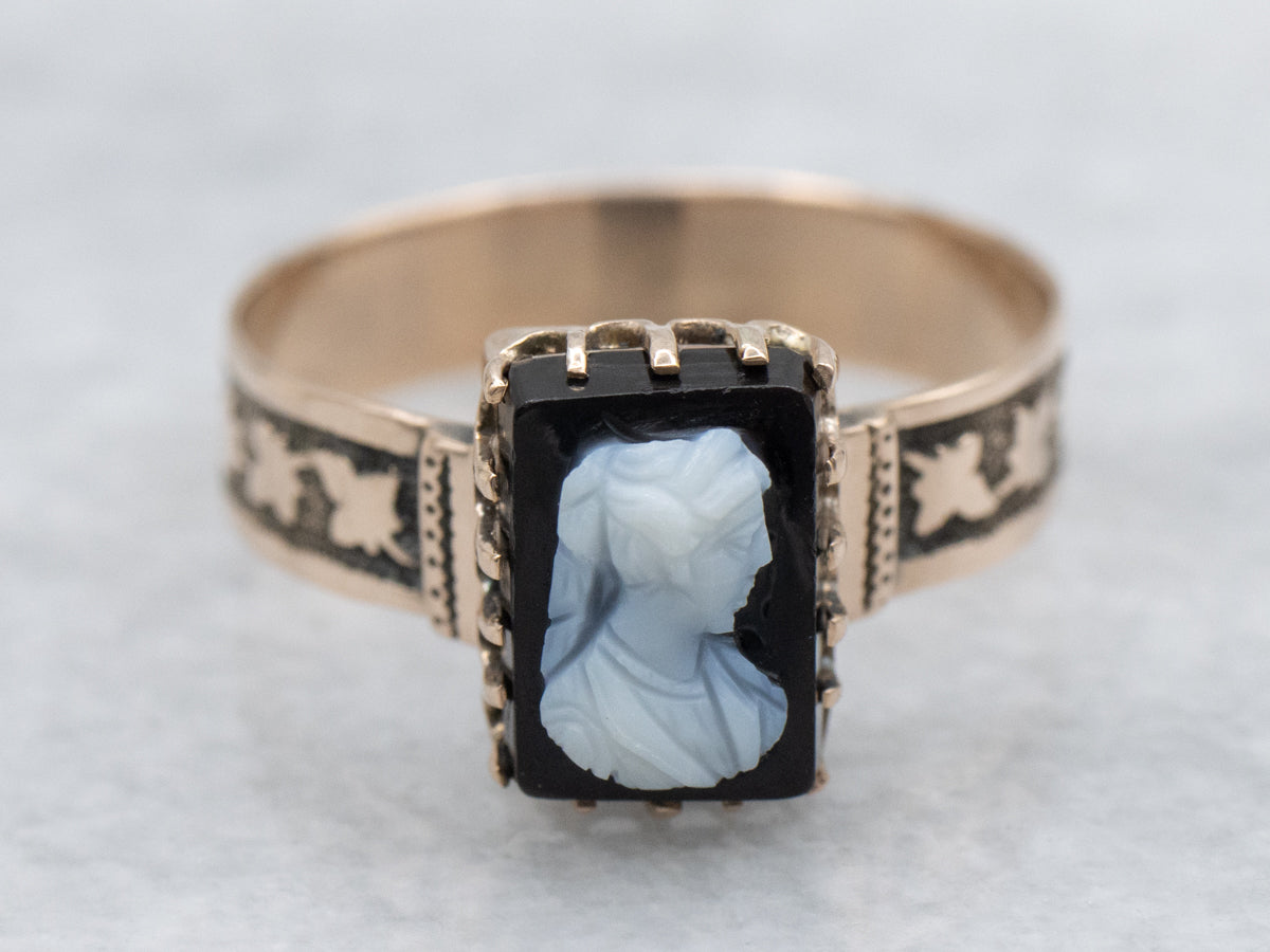 Victorian Era Onyx Cameo Ring with Botanical Band