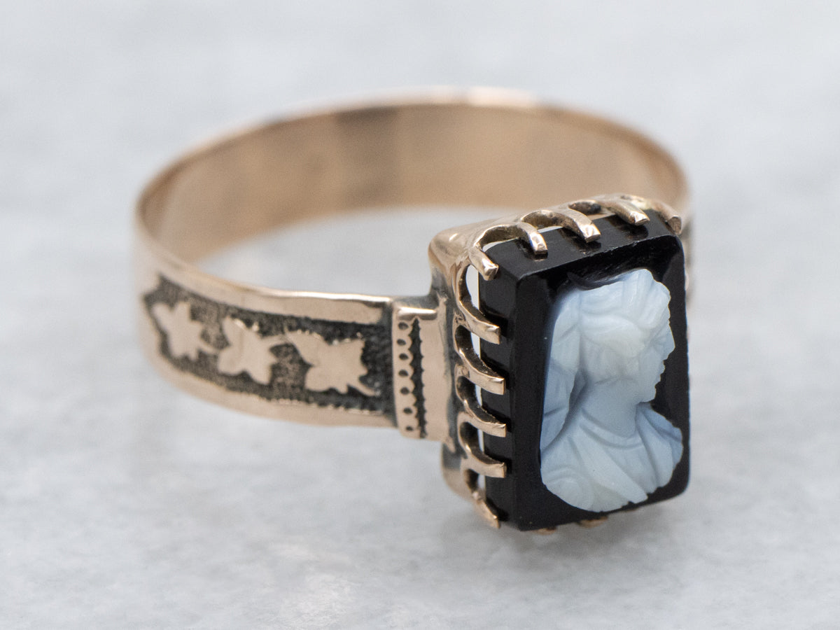 Victorian Era Onyx Cameo Ring with Botanical Band