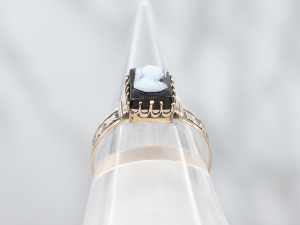 Victorian Era Onyx Cameo Ring with Botanical Band