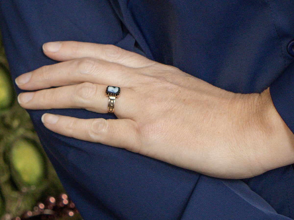 Victorian Era Onyx Cameo Ring with Botanical Band