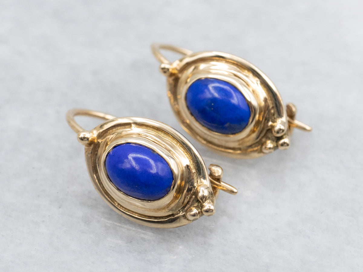Vintage Gold Bezel-Set Lapis Cabochon Drop Earrings