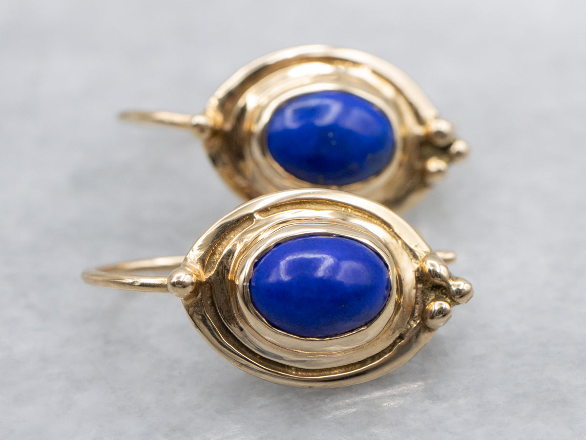 Vintage Gold Bezel-Set Lapis Cabochon Drop Earrings