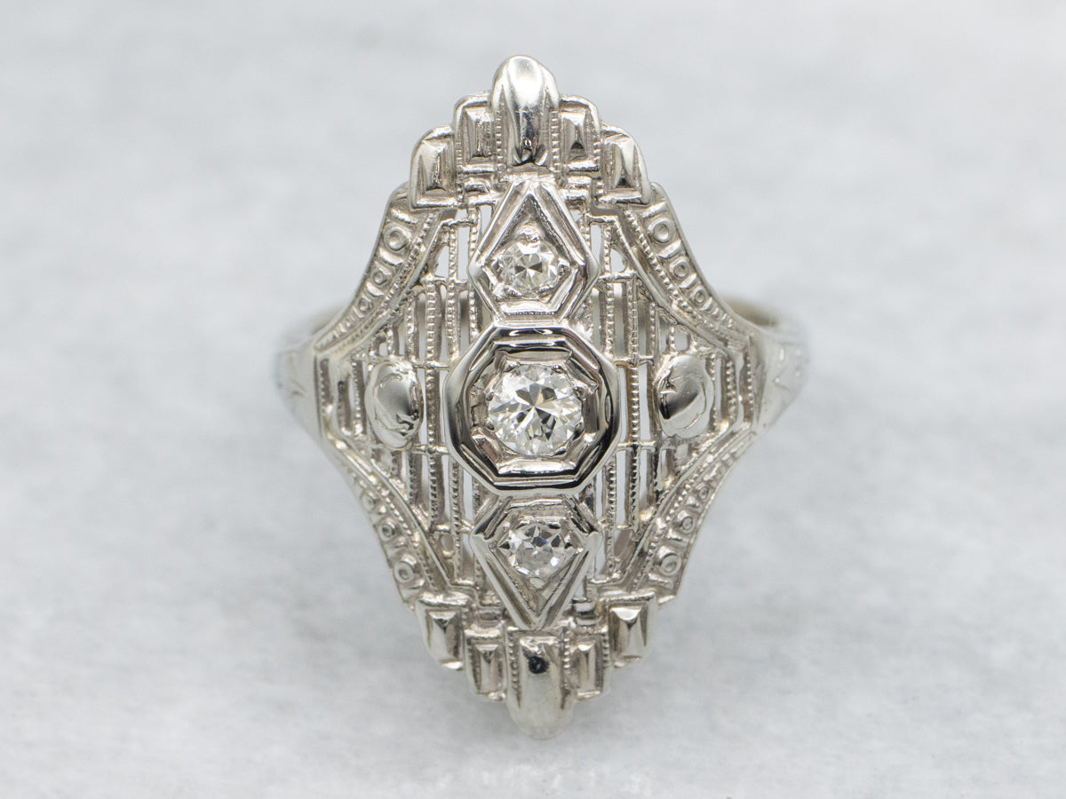 Art Deco European Cut Diamond Filigree White Gold Cocktail Ring