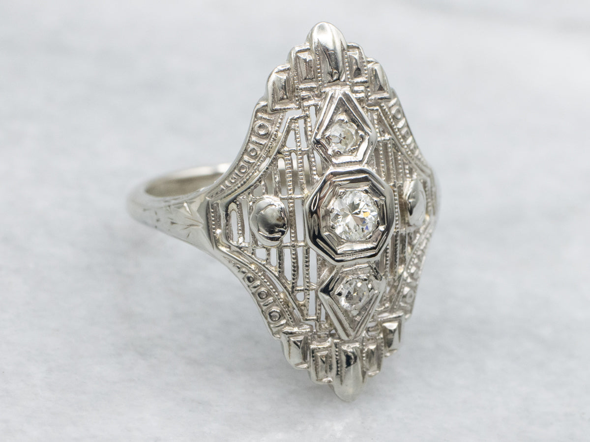 Art Deco European Cut Diamond Filigree White Gold Cocktail Ring