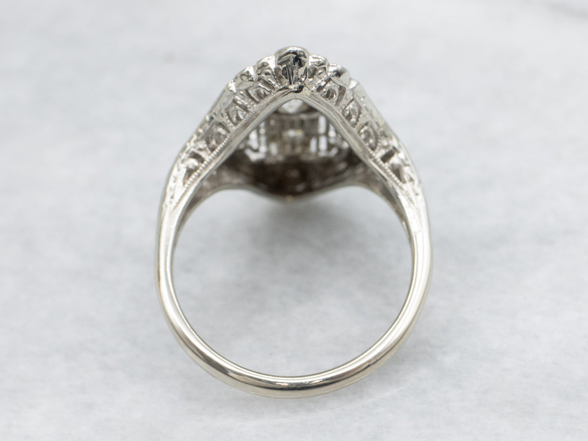 Art Deco European Cut Diamond Filigree White Gold Cocktail Ring