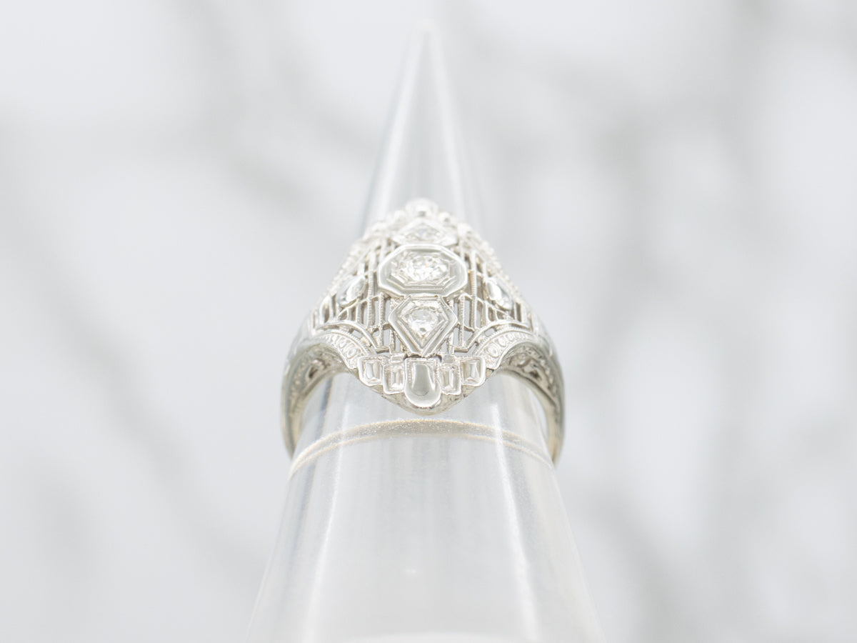 Art Deco European Cut Diamond Filigree White Gold Cocktail Ring