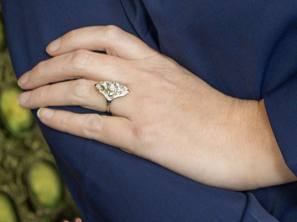 Art Deco European Cut Diamond Filigree White Gold Cocktail Ring